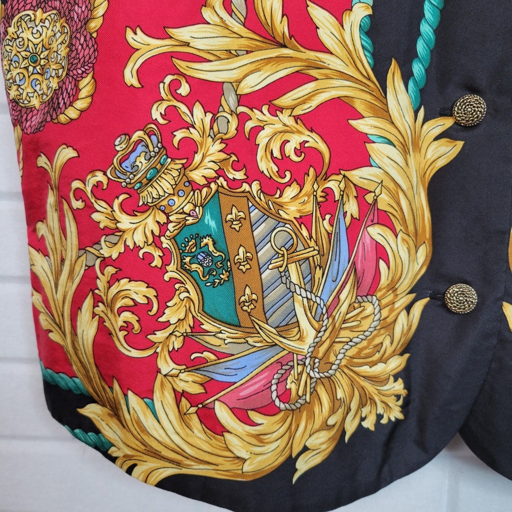 Vintage 1990s Rafaella Silk Scarf Print Vest M Red Gold Equestrian RS7559B - Picture 6 of 13